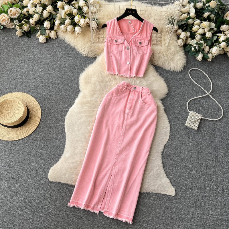 Fashion pink vintage sleeveless midi maxi long denim skirt set women two piece skirt and crop top set clothing 2 piece set women
