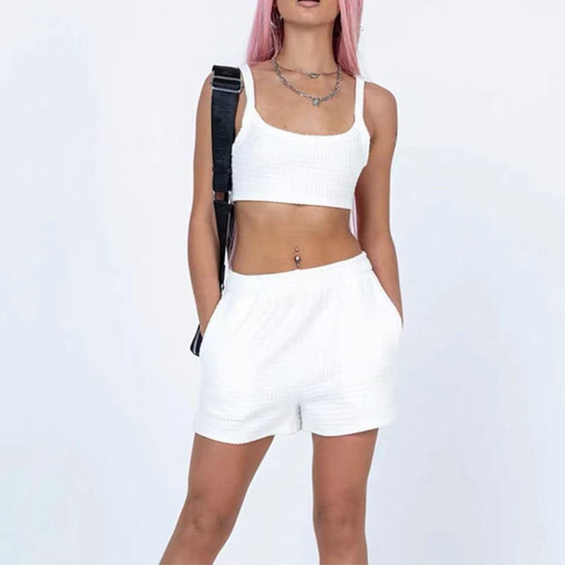 Wholesale 2024 Women Summer Casual Organic Cotton Two Piece Crop Top and Shorts Set Custom 2 Piece Women Short Set Clothing