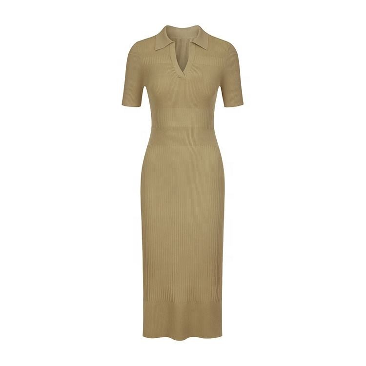 Knitwear manufacturers custom summer v neck rib elegant casual women's clothing plus size dresses sweater knit women's dresses